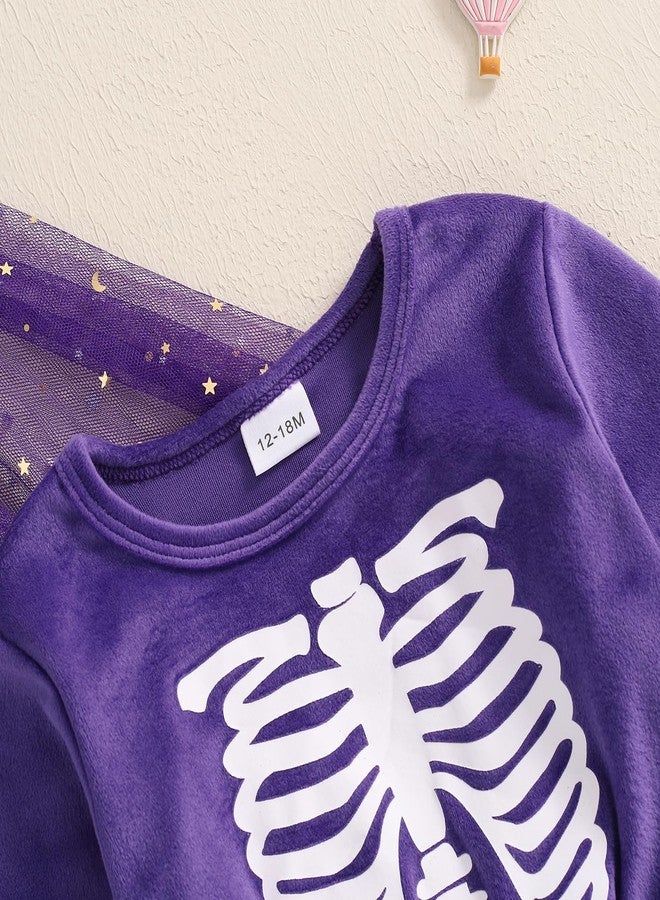 Yccutest Toddler Halloween Velvet Tutu Dress + Tulle Cape Baby Girl 2 Piece Pumpkin Costume Halloweeen Skeleton Dress Set (Purple,3-4 Years) - Image 3